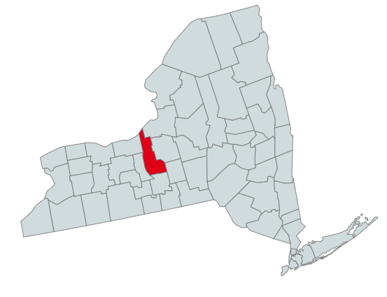 Map of New York Counties Highlighting Cayuga
